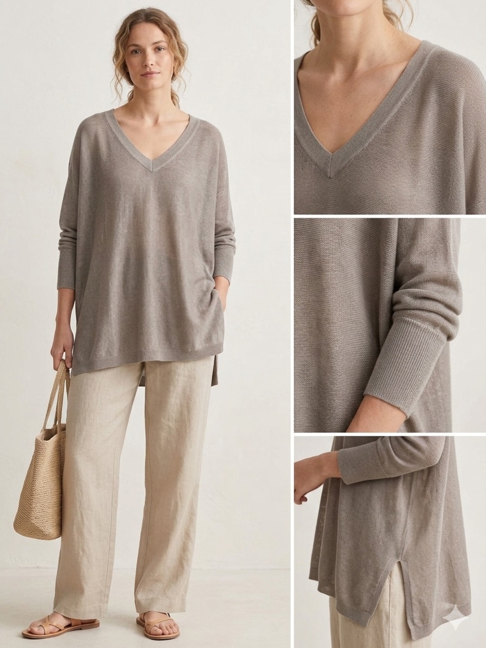 Garnet Hill Organic Linen Boxy V-Neck Oversized Sweater